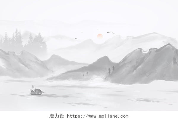中国风水墨画山水桂林山水背景插画海报水墨山水背景